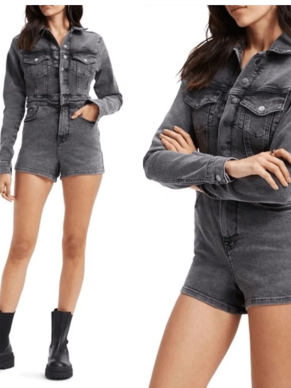 GOOD AMERICAN Fit for Success Washed Gray Denim Romper 95% Organic Cotton